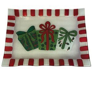 Large Glass Christmas Serving Tray W/ 3 Center Presents , Striped Edge. 17”x13”
